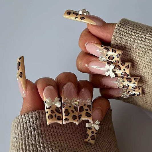 Sweet & Cool French Leopard Print 3D Bow Detachable Press-On Nails