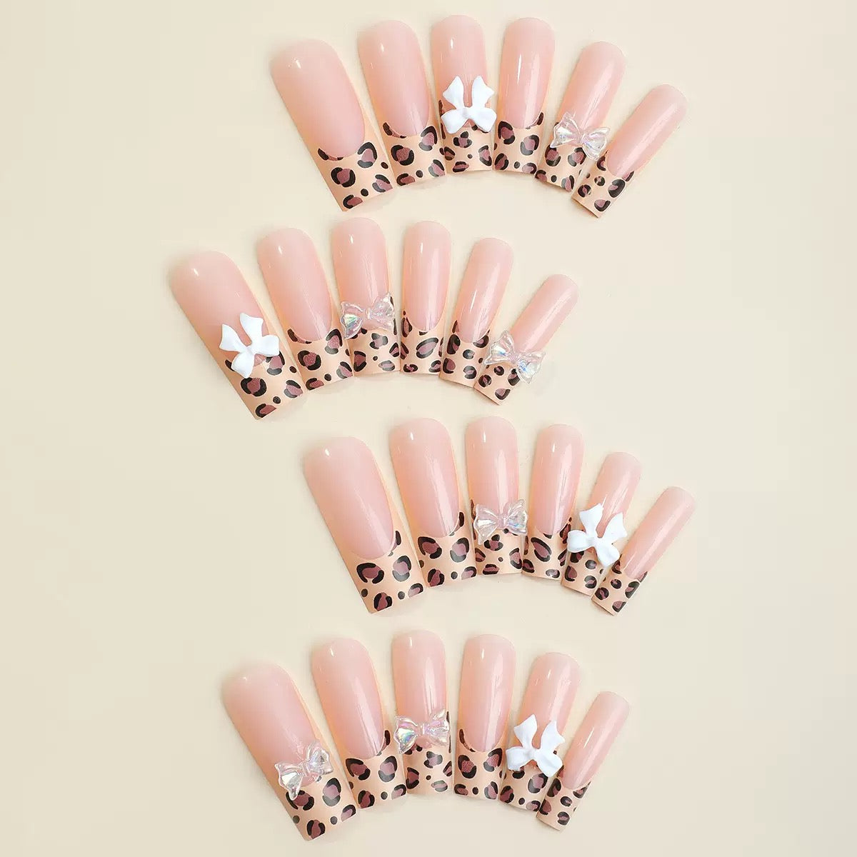 Sweet & Cool French Leopard Print 3D Bow Detachable Press-On Nails