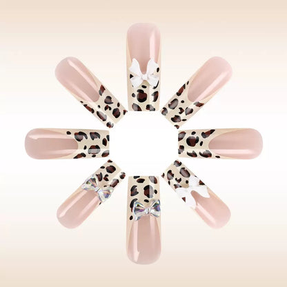 Sweet & Cool French Leopard Print 3D Bow Detachable Press-On Nails