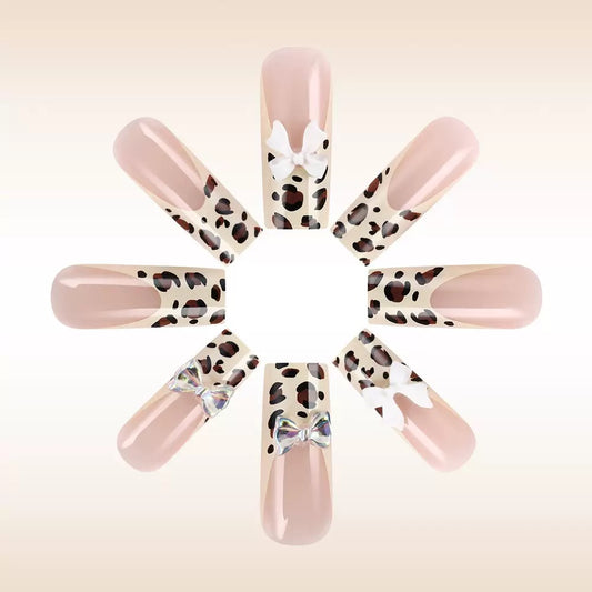Sweet & Cool French Leopard Print 3D Bow Detachable Press-On Nails