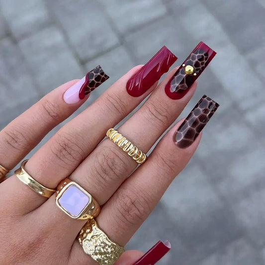 Premium Flame Red French-Edged Brown Crocodile-Texture Detachable Press-On Nails