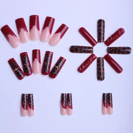 Premium Flame Red French-Edged Brown Crocodile-Texture Detachable Press-On Nails