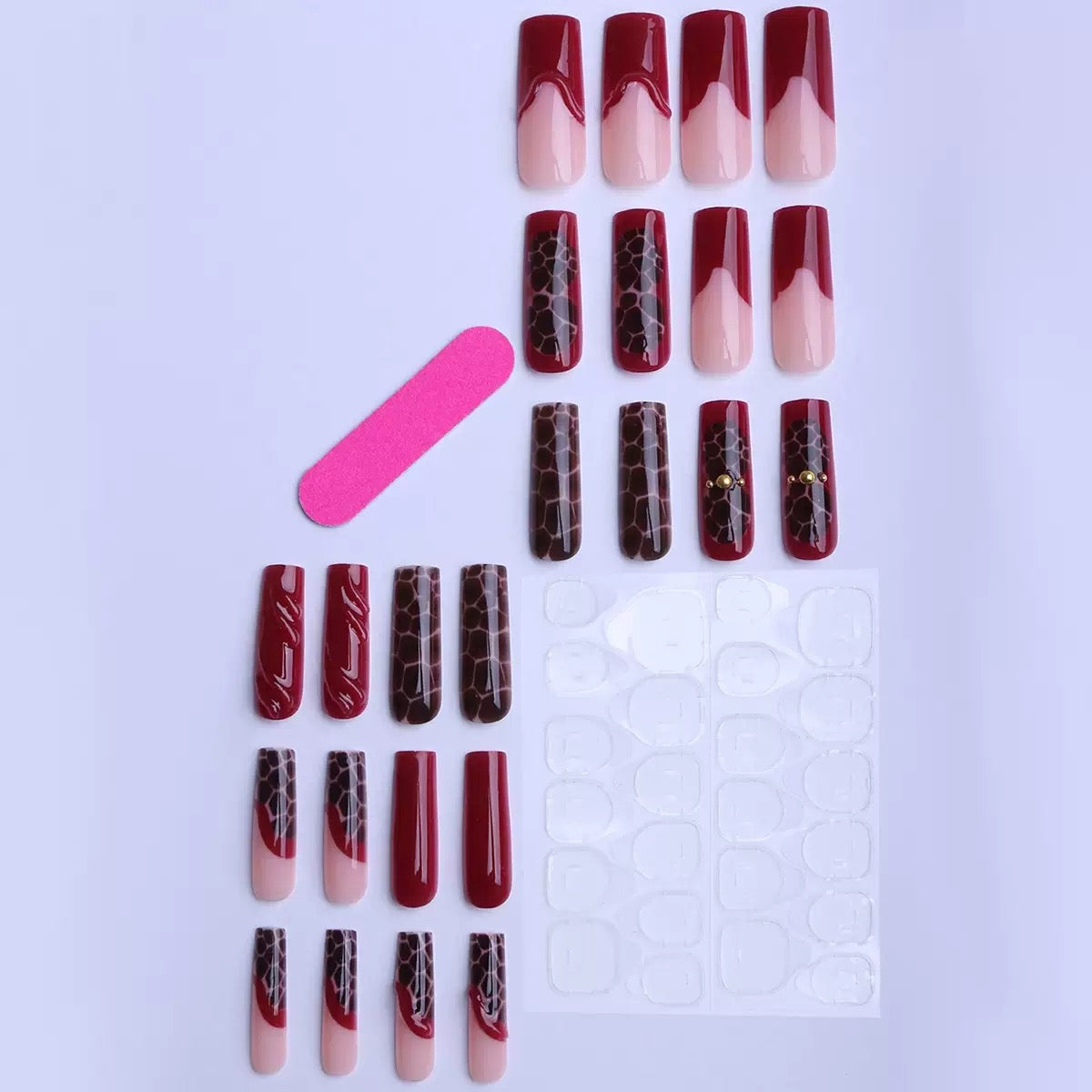 Premium Flame Red French-Edged Brown Crocodile-Texture Detachable Press-On Nails