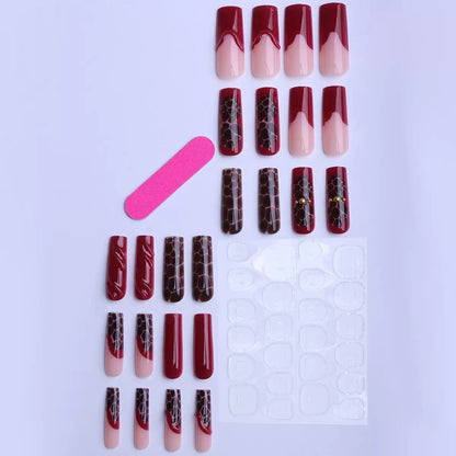 Premium Flame Red French-Edged Brown Crocodile-Texture Detachable Press-On Nails