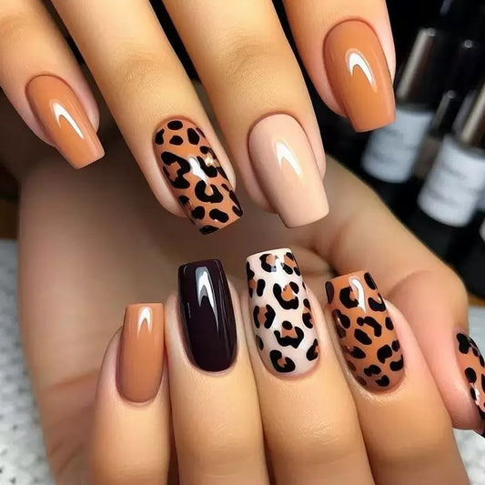 Mid-Length European Square Leopard Print Color-Block Detachable Press-On Nails