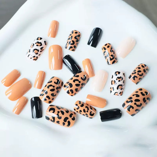 Mid-Length European Square Leopard Print Color-Block Detachable Press-On Nails