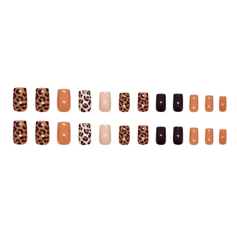 Mid-Length European Square Leopard Print Color-Block Detachable Press-On Nails
