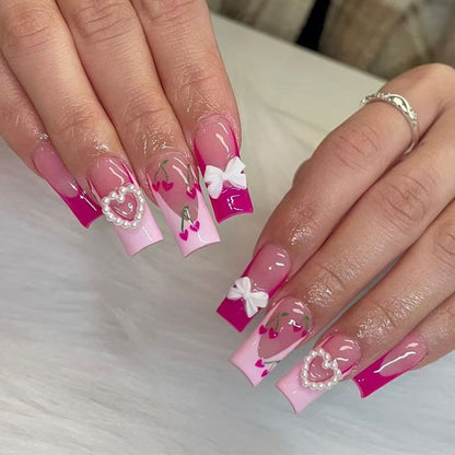 Valentine’s Day Rose Red French-Style 3D Bow with Pearl, Heart, and Cherry Press-On Nails