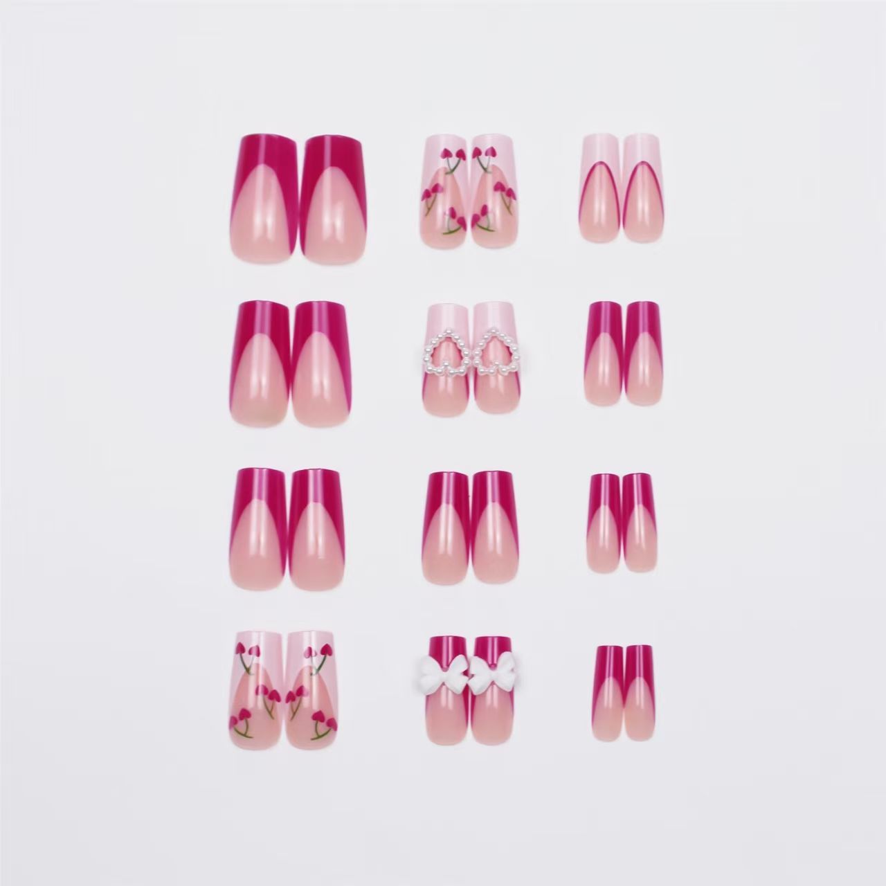 Valentine’s Day Rose Red French-Style 3D Bow with Pearl, Heart, and Cherry Press-On Nails