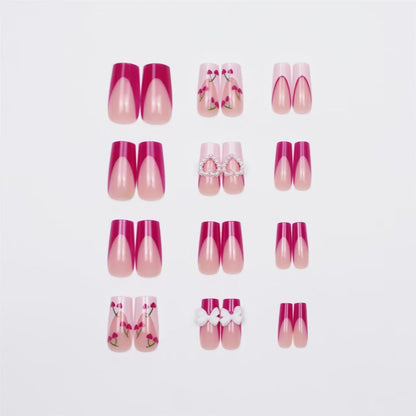 Valentine’s Day Rose Red French-Style 3D Bow with Pearl, Heart, and Cherry Press-On Nails