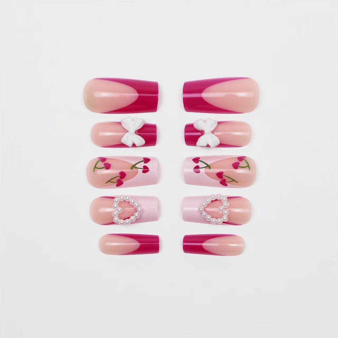 Valentine’s Day Rose Red French-Style 3D Bow with Pearl, Heart, and Cherry Press-On Nails