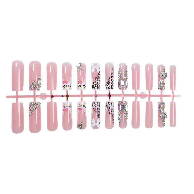 Cute KITTY Cat French Press-On Nails with Sparkling Bow – Stylish & Trendy