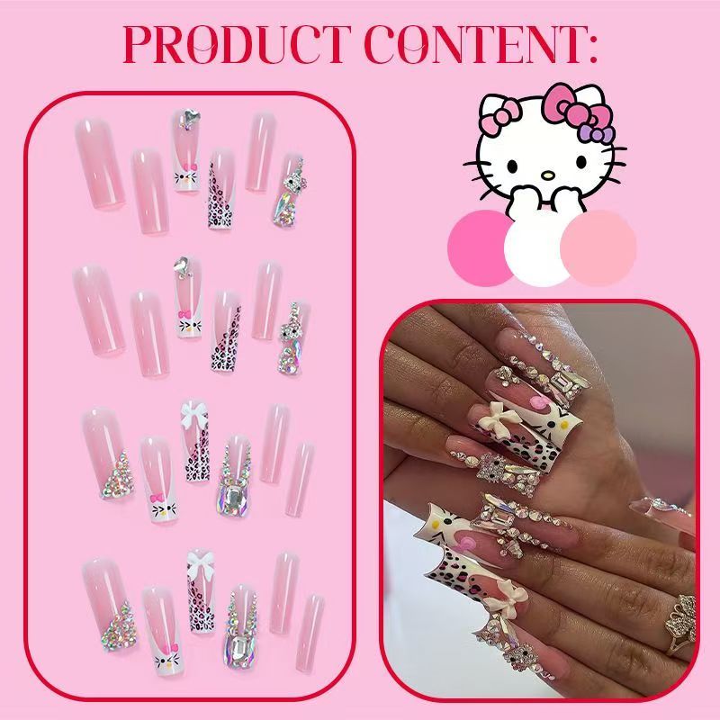 Cute KITTY Cat French Press-On Nails with Sparkling Bow – Stylish & Trendy