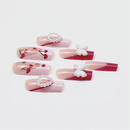 Valentine’s Day Rose Red French-Style 3D Bow with Pearl, Heart, and Cherry Press-On Nails