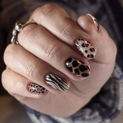 Short Almond Sweet & Cool Leopard & Zebra Print Mixed Detachable Press-On Nails