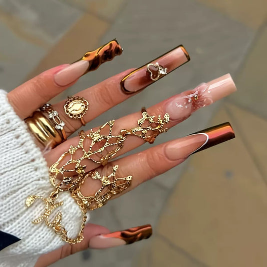 Long Square Detachable Press-On Nails with Gel-Frosted Powder, Alloy Heart & 3D Flowers