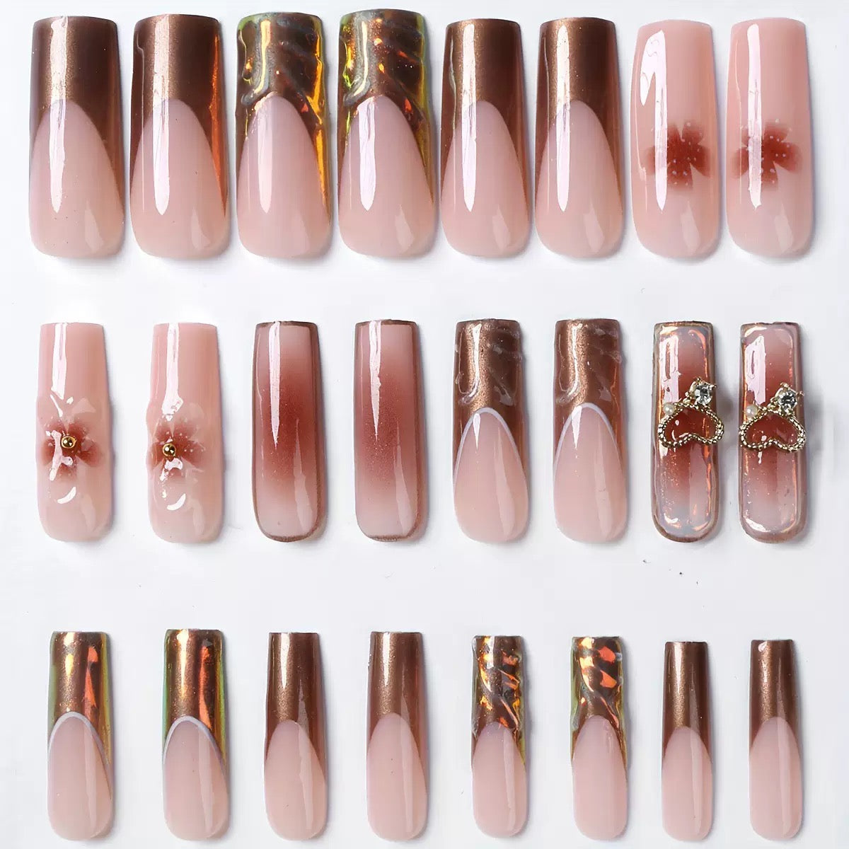 Long Square Detachable Press-On Nails with Gel-Frosted Powder, Alloy Heart & 3D Flowers