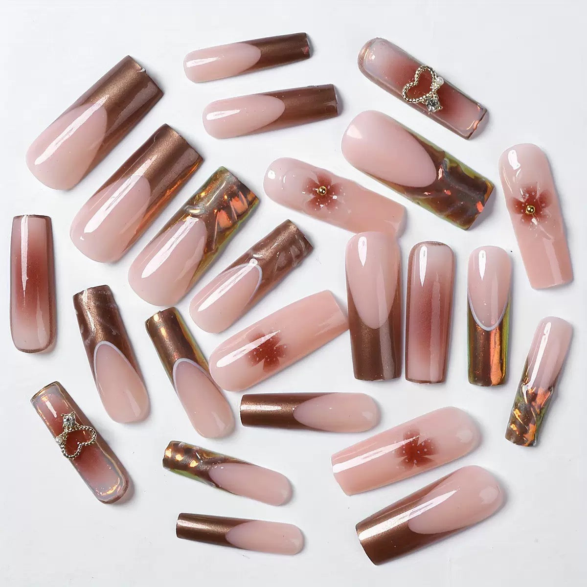 Long Square Detachable Press-On Nails with Gel-Frosted Powder, Alloy Heart & 3D Flowers
