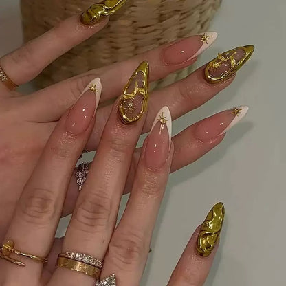 Elegant French Detachable Press-On Nails with 3D Starburst, Irregular Waves & Shimmering Gold Rose