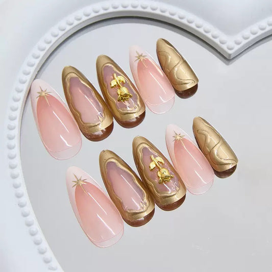 Elegant French Detachable Press-On Nails with 3D Starburst, Irregular Waves & Shimmering Gold Rose