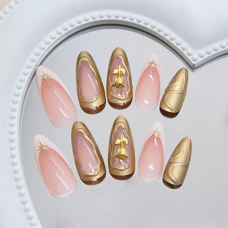 Elegant French Detachable Press-On Nails with 3D Starburst, Irregular Waves & Shimmering Gold Rose