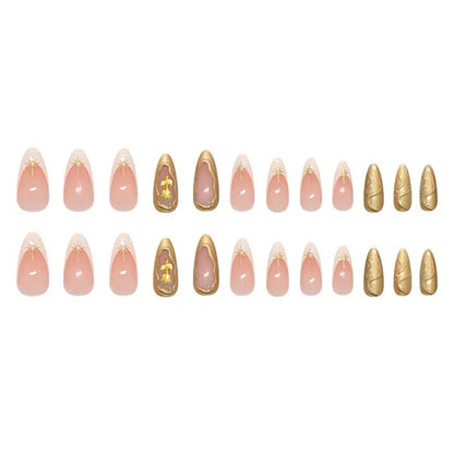 Elegant French Detachable Press-On Nails with 3D Starburst, Irregular Waves & Shimmering Gold Rose