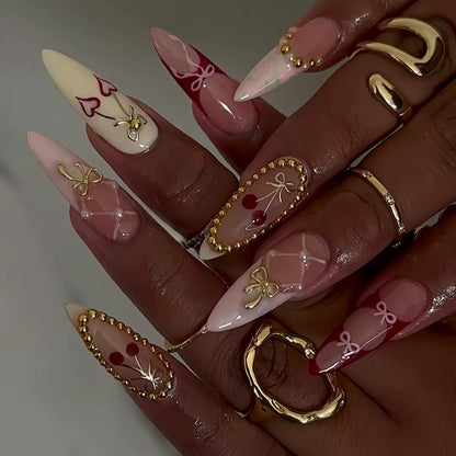 Sweet & Cool French Almond Detachable Press-On Nails with Yellow Cherry & Gold Bow