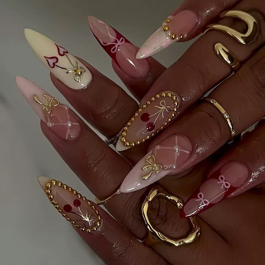 Sweet & Cool French Almond Detachable Press-On Nails with Yellow Cherry & Gold Bow