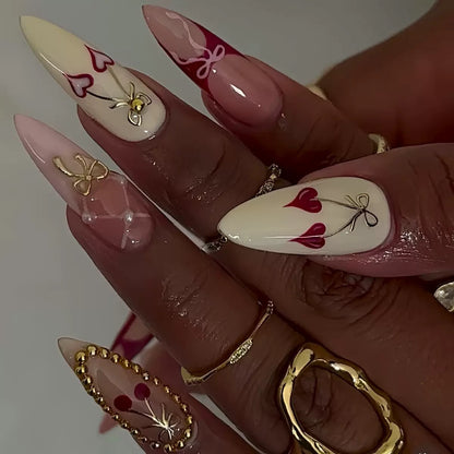 Sweet & Cool French Almond Detachable Press-On Nails with Yellow Cherry & Gold Bow