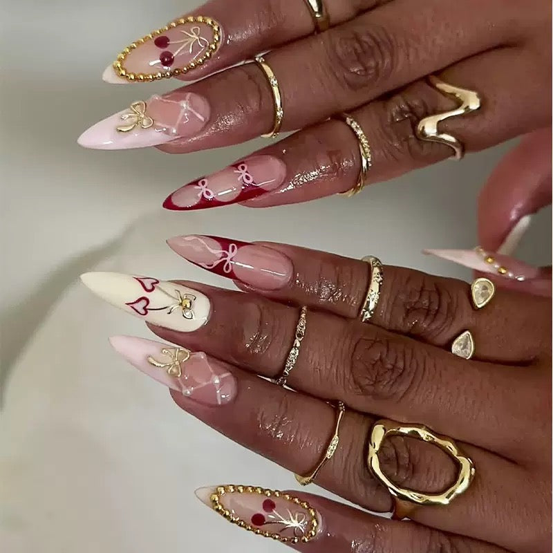 Sweet & Cool French Almond Detachable Press-On Nails with Yellow Cherry & Gold Bow