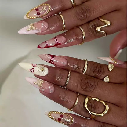 Sweet & Cool French Almond Detachable Press-On Nails with Yellow Cherry & Gold Bow