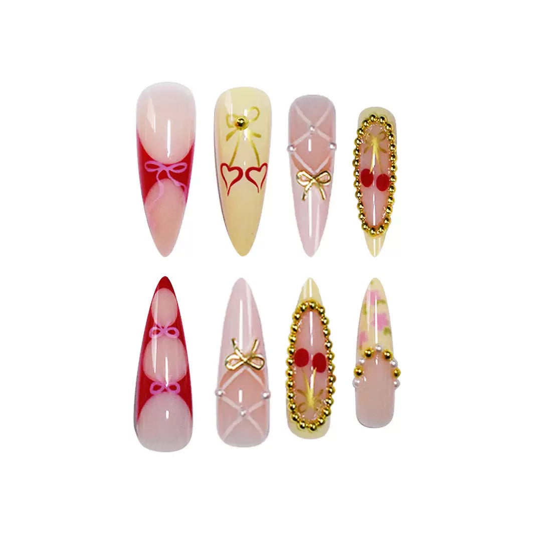 Sweet & Cool French Almond Detachable Press-On Nails with Yellow Cherry & Gold Bow