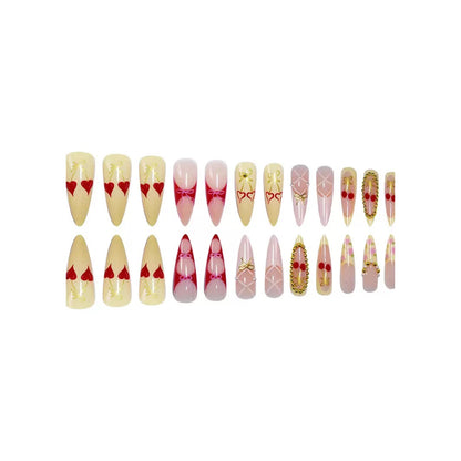 Sweet & Cool French Almond Detachable Press-On Nails with Yellow Cherry & Gold Bow