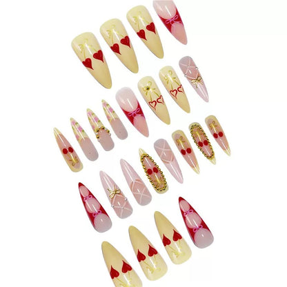 Sweet & Cool French Almond Detachable Press-On Nails with Yellow Cherry & Gold Bow