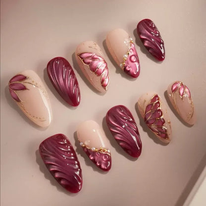 New Style Gilded Almond Nails | Wine Red Cat Eye Butterfly, Hand-Applied Rhinestones, French Premium Press-On Nails