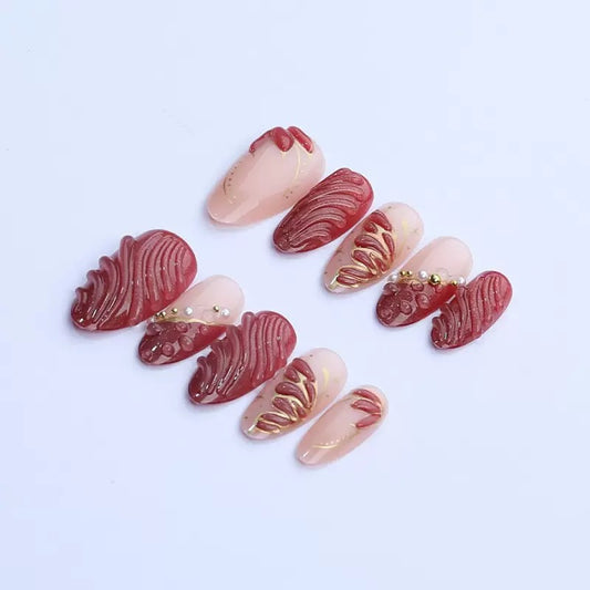 New Style Gilded Almond Nails | Wine Red Cat Eye Butterfly, Hand-Applied Rhinestones, French Premium Press-On Nails