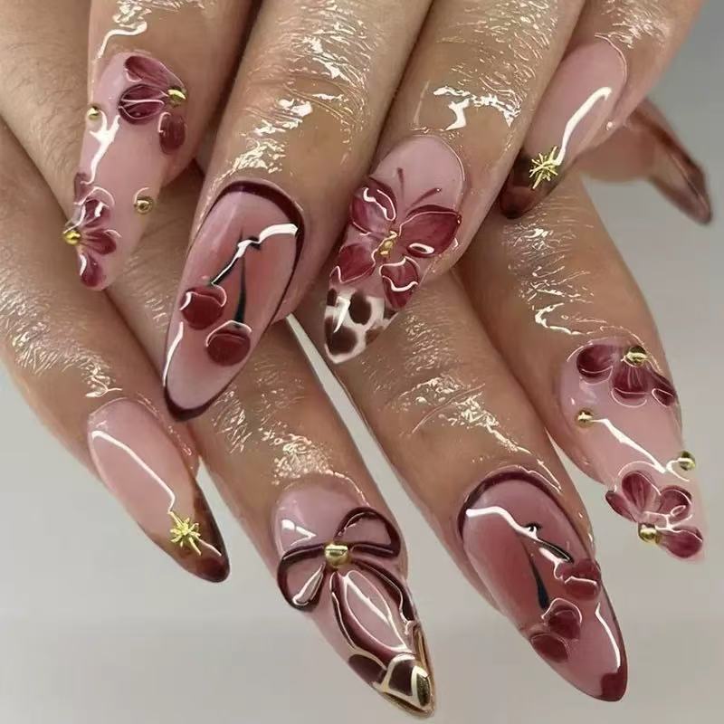 Best-Selling 3D French Press-On Nails with Cute Bow & Cherry Blossom Design