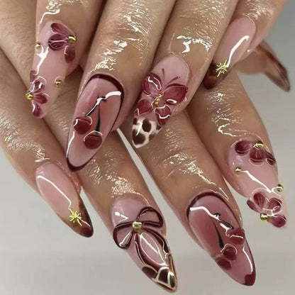 Best-Selling 3D French Press-On Nails with Cute Bow & Cherry Blossom Design