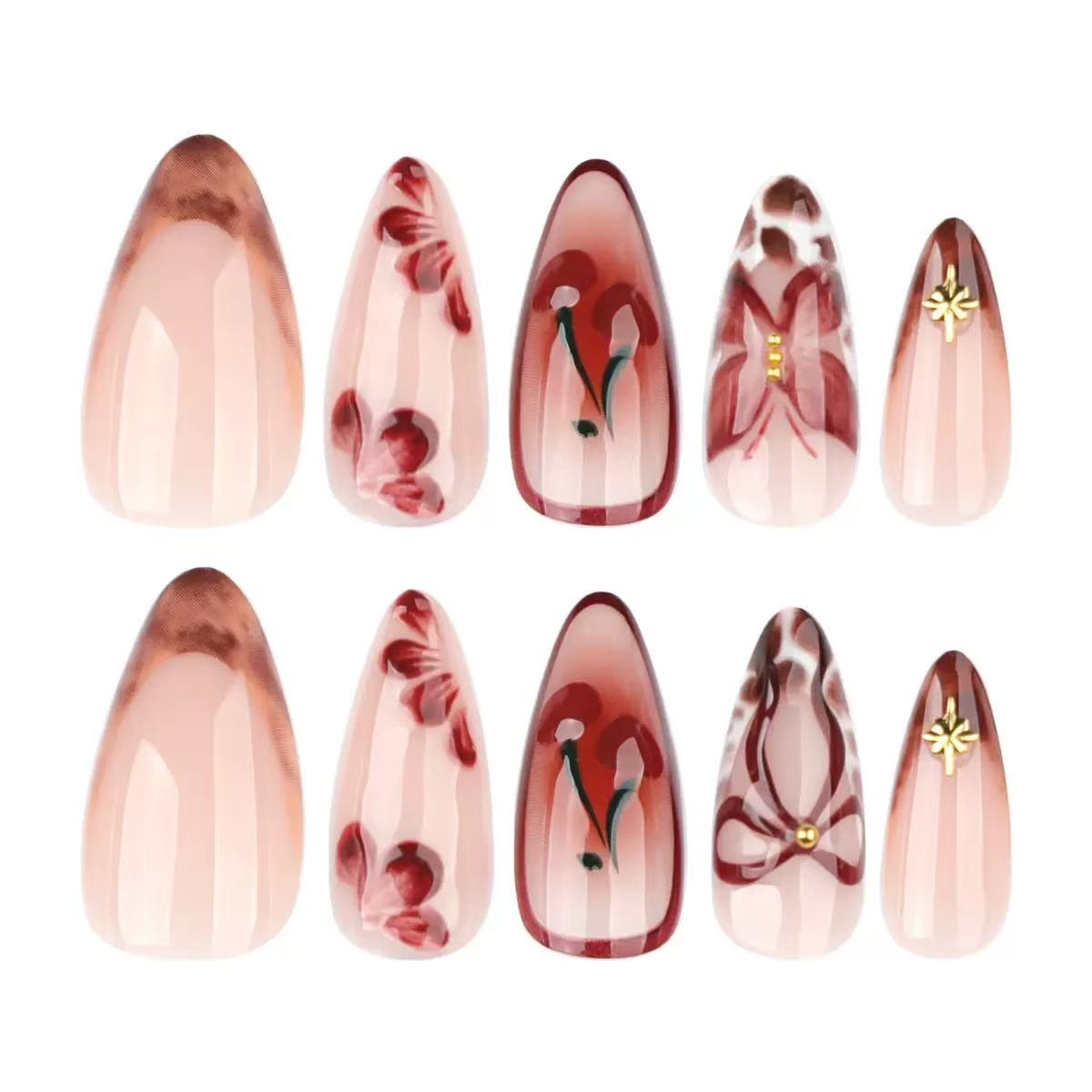 Best-Selling 3D French Press-On Nails with Cute Bow & Cherry Blossom Design