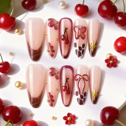 Best-Selling 3D French Press-On Nails with Cute Bow & Cherry Blossom Design