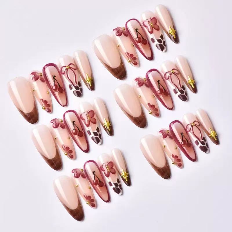 Best-Selling 3D French Press-On Nails with Cute Bow & Cherry Blossom Design