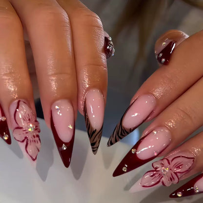 Wine Red French 3D Almond Press-On Nails | Floral Design with Tiny Rhinestones