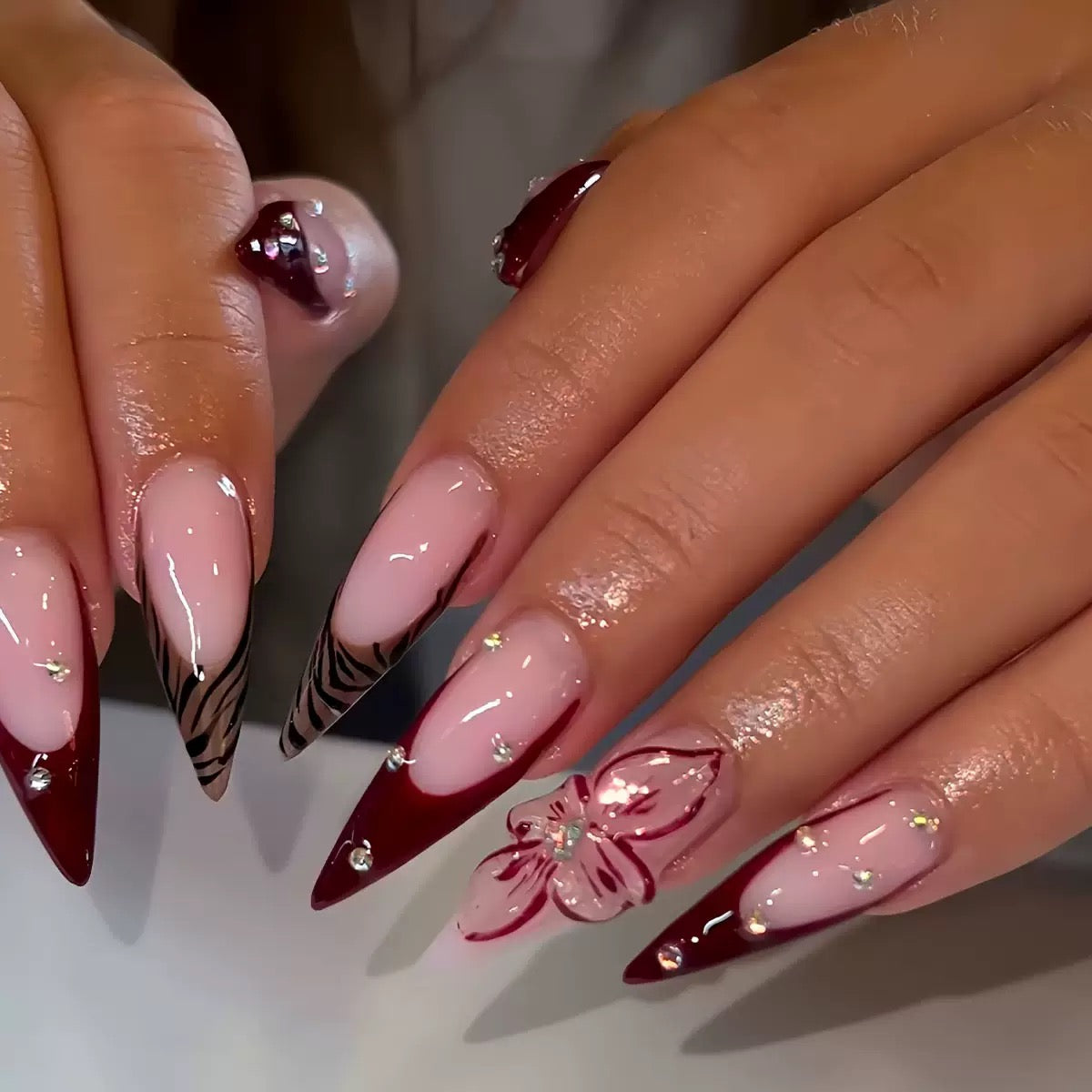 Wine Red French 3D Almond Press-On Nails | Floral Design with Tiny Rhinestones