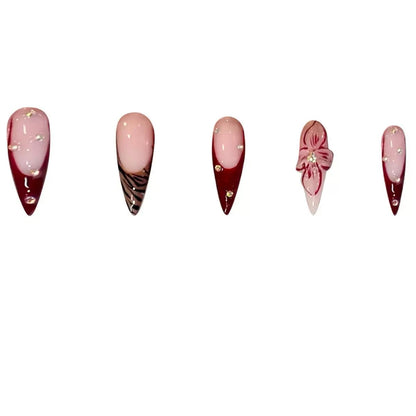 Wine Red French 3D Almond Press-On Nails | Floral Design with Tiny Rhinestones