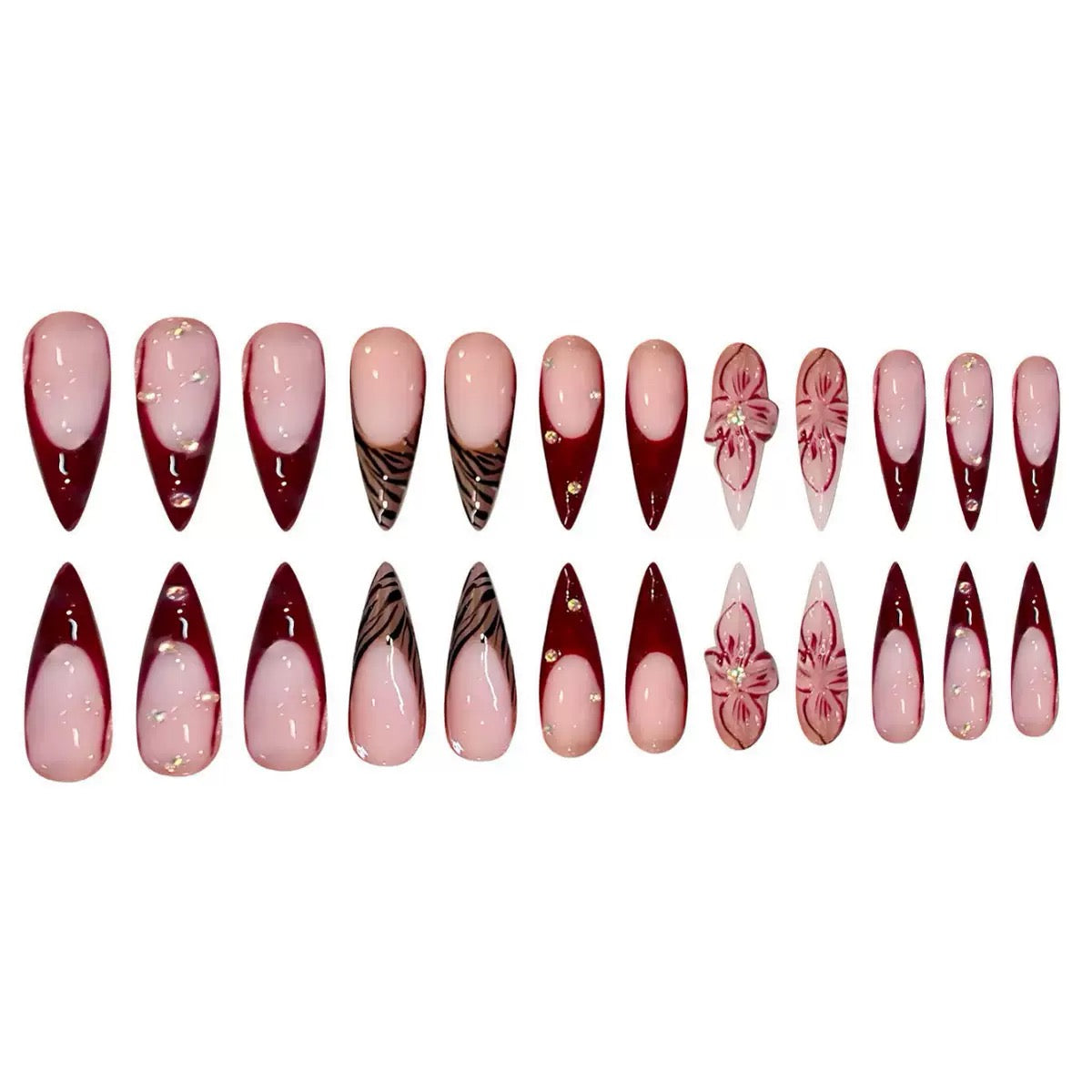 Wine Red French 3D Almond Press-On Nails | Floral Design with Tiny Rhinestones