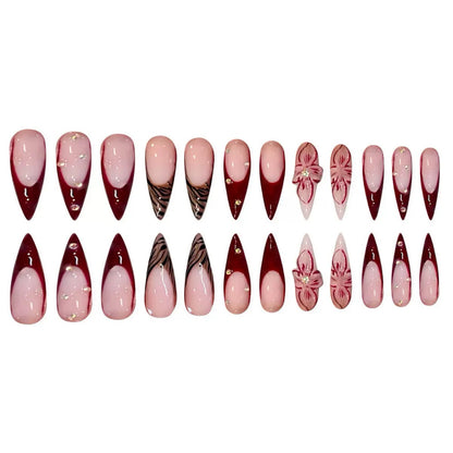 Wine Red French 3D Almond Press-On Nails | Floral Design with Tiny Rhinestones