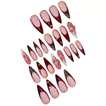 Wine Red French 3D Almond Press-On Nails | Floral Design with Tiny Rhinestones