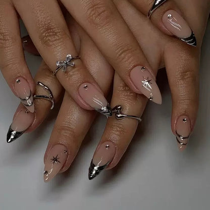 Teardrop French Silver-Trim Nude Cat Eye Star Rhinestone Detachable Press-On Nails