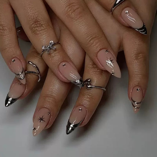Teardrop French Silver-Trim Nude Cat Eye Star Rhinestone Detachable Press-On Nails
