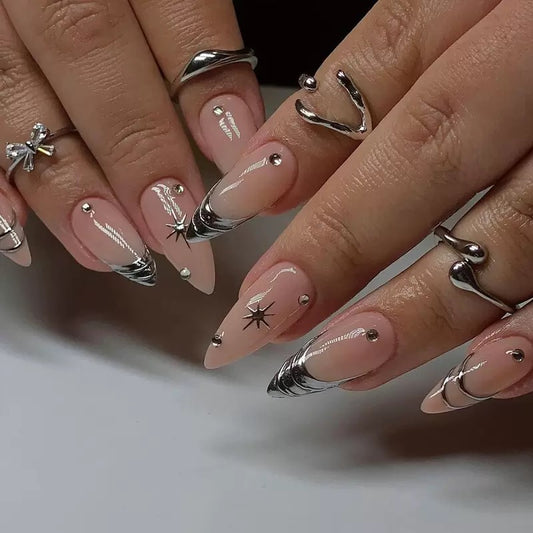 Teardrop French Silver-Trim Nude Cat Eye Star Rhinestone Detachable Press-On Nails